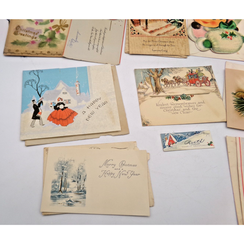 Vintage MCM Christmas Greeting Card Cute Girl Glitter Muff Happy New Year & more - Picture 8 of 16